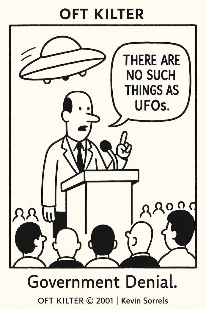 A speaker denies UFOs while a flying saucer hovers behind him