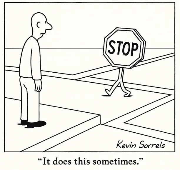 A stop sign walks away from an intersection